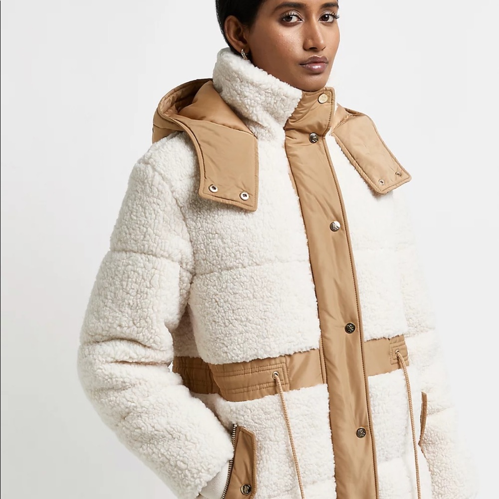Borg Cream Padded Parka Coat Sherpa - Picture 4 of 6